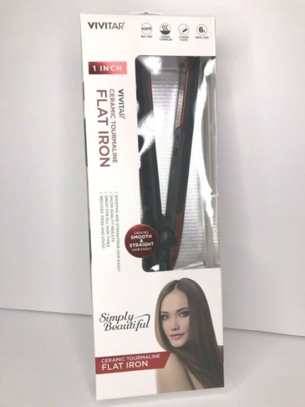 Vivitar Hair Straightener Flat Iron Ceramic Tournaline 1" Black/Red NEW